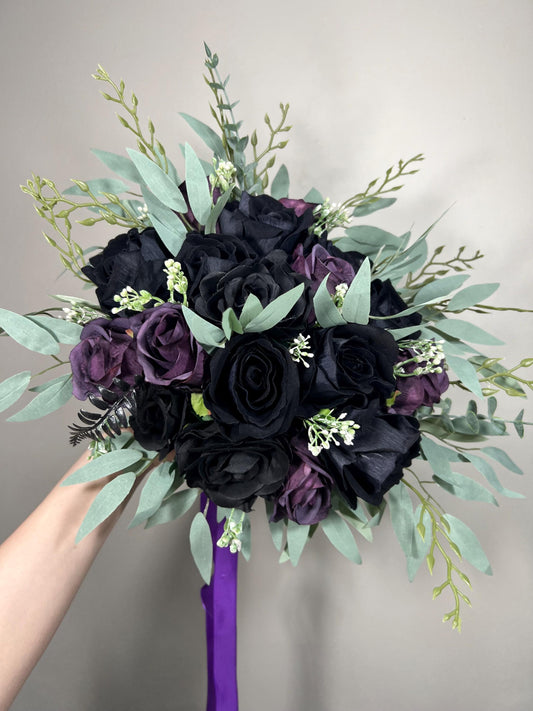 Wedding Bouquet Black Dark Purple Bridal Wedding Gothic Bouquet Black Decor Plum Black Bridesmaids Bouquet Sage Artificial Flower