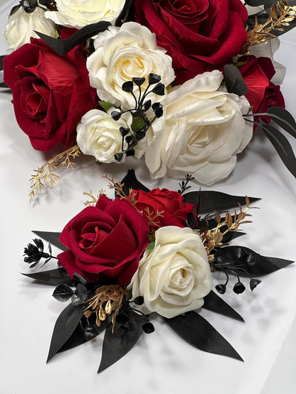 Cake Decoration White Red Wedding Cake Topper Red Flower Decor Cake Arrangements Black Red Cake Decoration Ivory Flower Cake Decor Gold