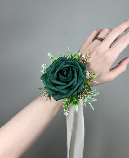 Emerald Green Corsage Wedding Green Gold Corsage Hunter Green Wrist Corsage Bridesmaids Forest Green Gold Corsage Prom Artificial Flower