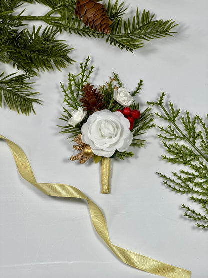 Christmas Boutonniere Wedding White Groom Boutonnières Winter Groomsmen Gold Pine Boutonnière Christmas Pine Cone Artificial Flowers