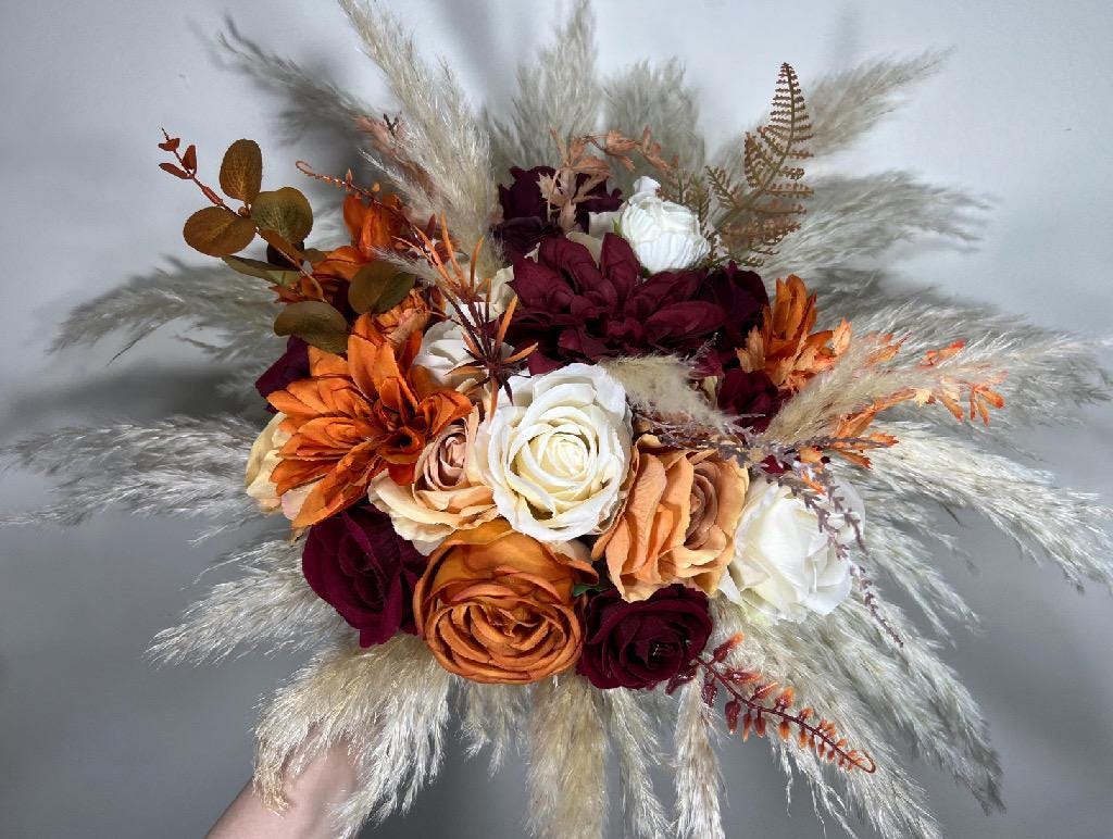 Terracotta Bouquet Burgundy Wedding Bridal Bouquet Champagne Rust Bridesmaids Bouquet Burnt Orange Bouquet Boho Pampas Grass