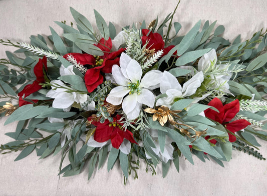 Christmas Sweetheart Wedding Poinsettias White Red Wedding Table Decor Winter Centerpiece Arch Arrangement Arbor Poinsettias Greenery Sage
