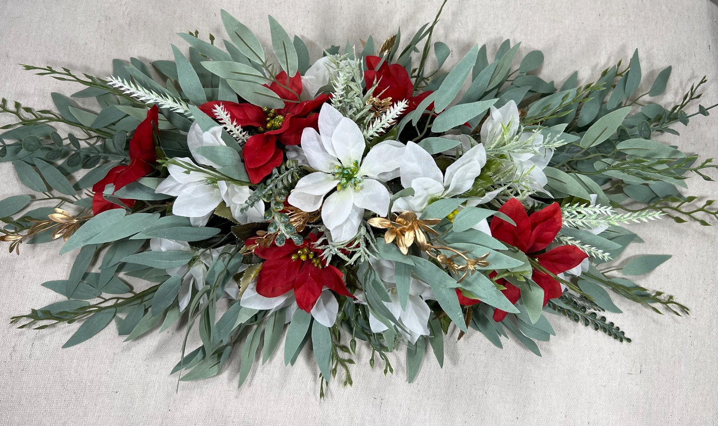 Christmas Sweetheart Wedding Poinsettias White Red Wedding Table Decor Winter Centerpiece Arch Arrangement Arbor Poinsettias Greenery Sage