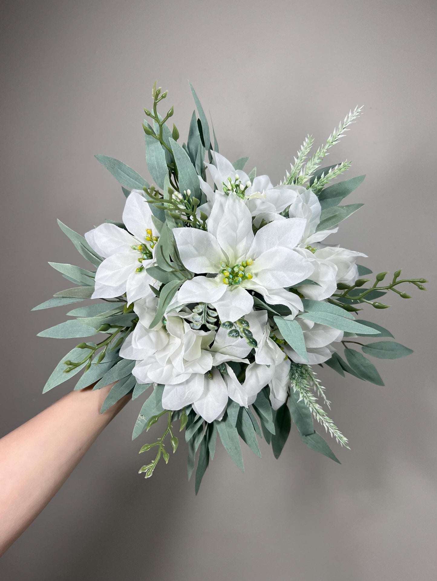 White Poinsettias Bouquet Wedding Bridal White Christmas Bouquet Bridesmaids Poinsettias Greenery Sage Winter Artificial Flower