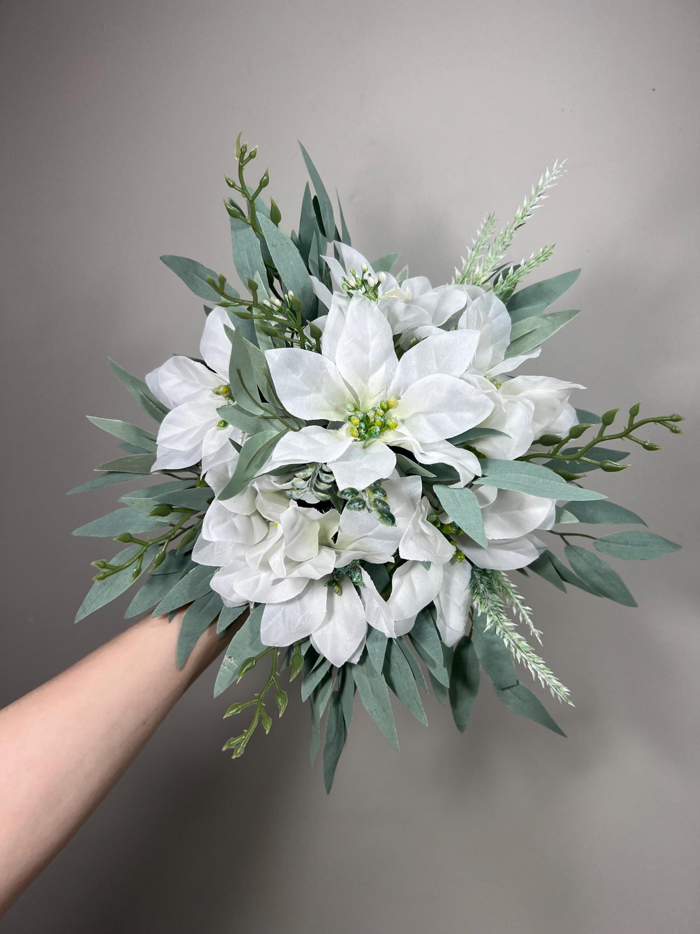 White Poinsettias Bouquet Wedding Bridal White Christmas Bouquet Bridesmaids Poinsettias Greenery Sage Winter Artificial Flower