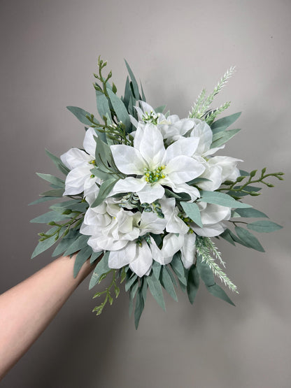 White Poinsettias Bouquet Wedding Bridal White Christmas Bouquet Bridesmaids Poinsettias Greenery Sage Winter Artificial Flower