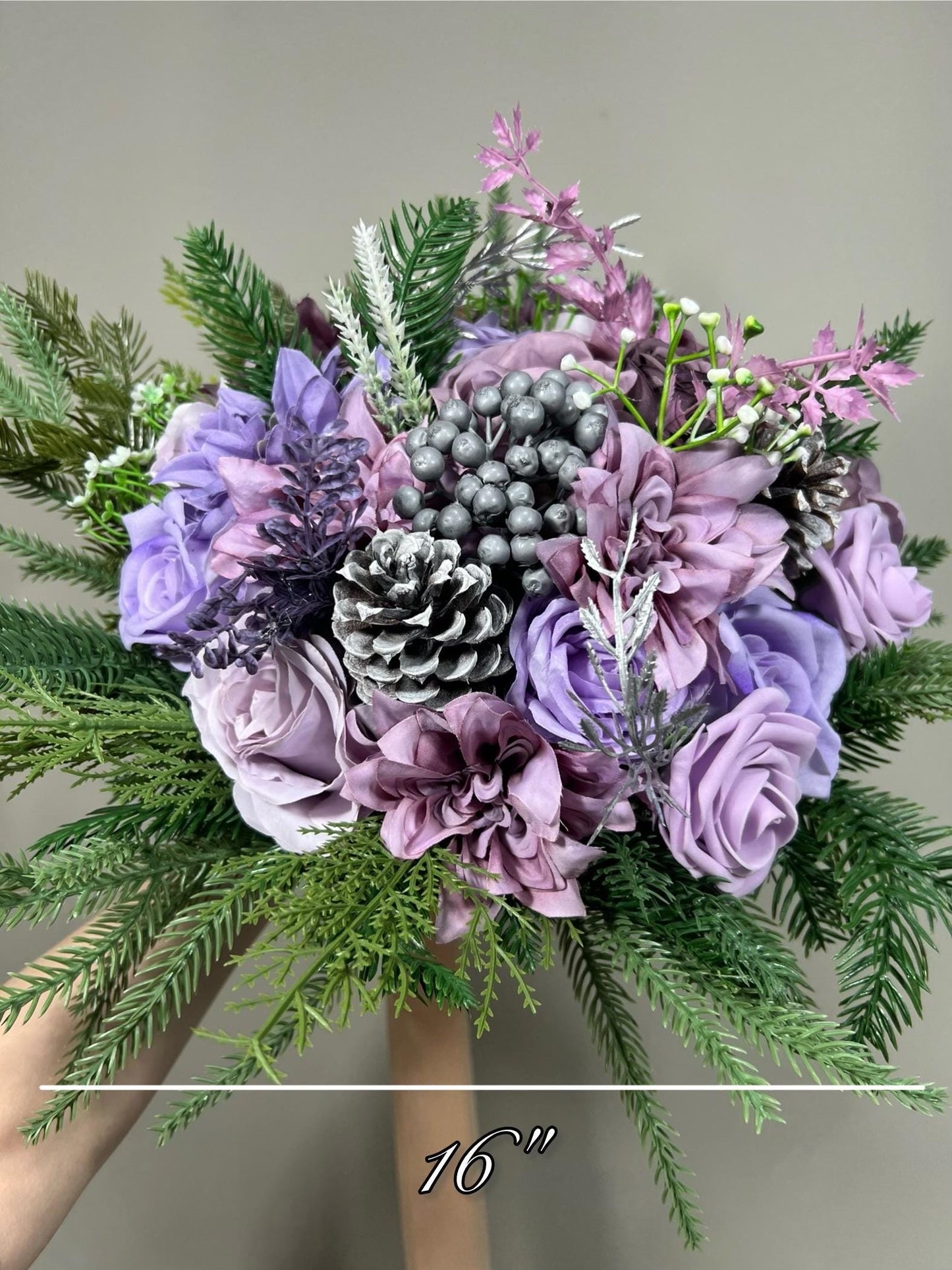 Purple Bouquet Wedding Bridal Christmas Bouquet Pine Bridesmaids Purple Bouquet Winter Pine Cone Lilac Bouquet Artificial Flower