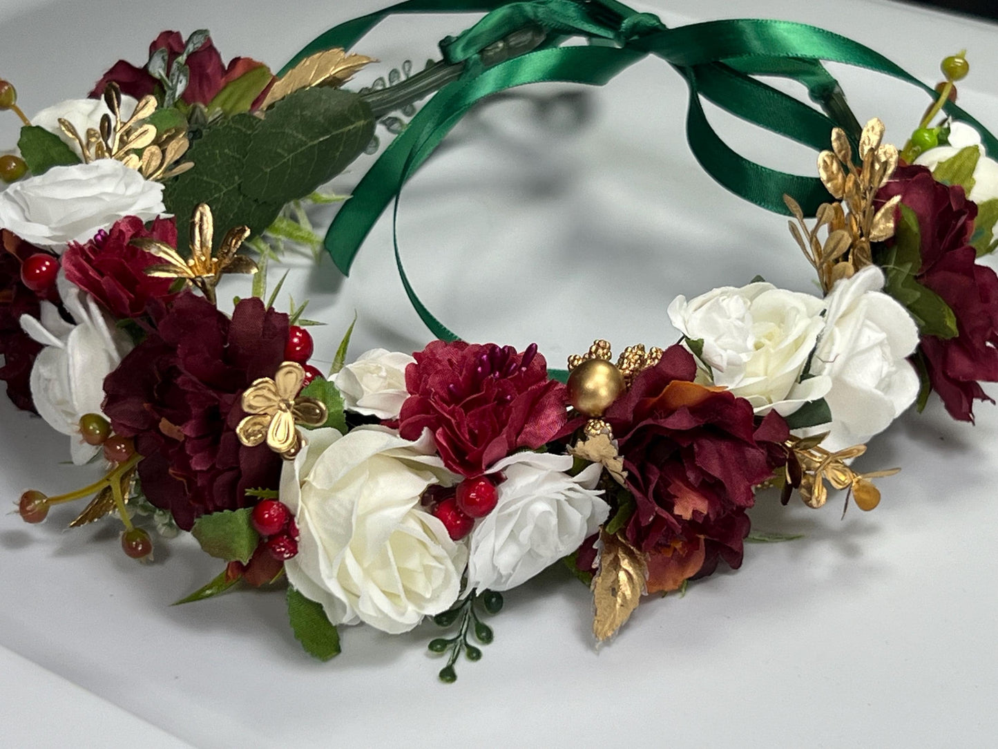 Christmas Flower Crown White Wedding Crown Winter Floral Headband Flower Adult Crown Burgundy Flower Girl Wreath Pine Crown Children Hair