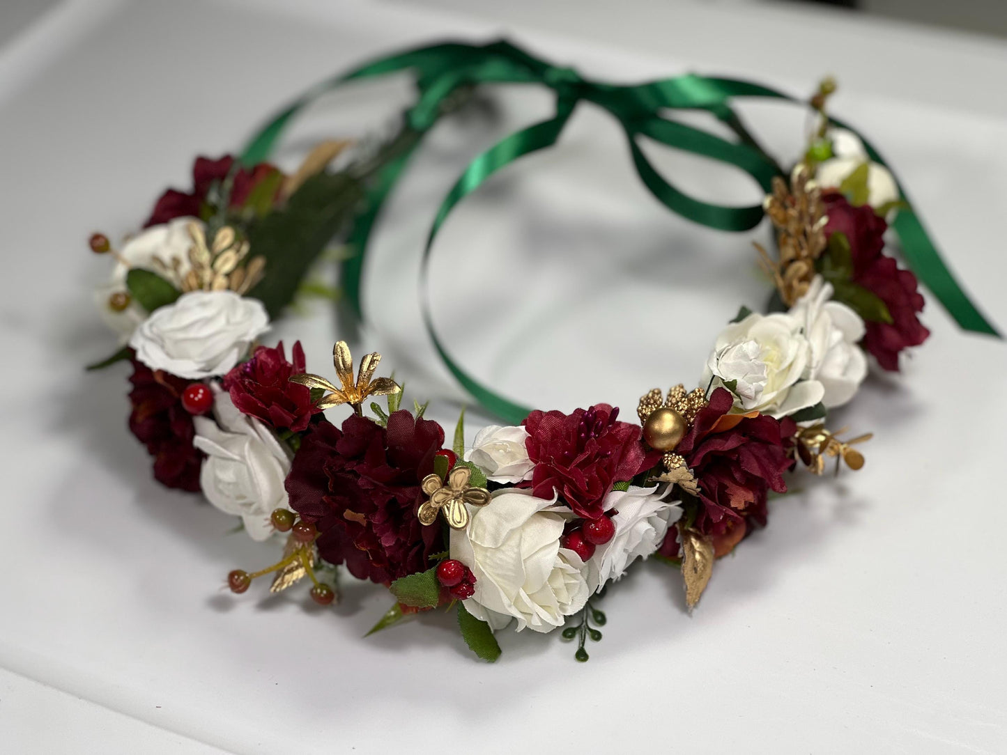 Christmas Flower Crown White Wedding Crown Winter Floral Headband Flower Adult Crown Burgundy Flower Girl Wreath Pine Crown Children Hair