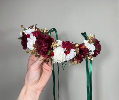 Christmas Flower Crown White Wedding Crown Winter Floral Headband Flower Adult Crown Burgundy Flower Girl Wreath Pine Crown Children Hair