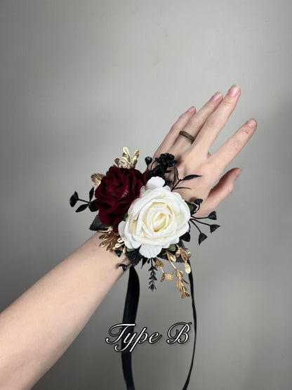 Black Corsage White Wedding Gothic Wrist Corsage Burgundy Bridesmaids Corsage Mom Black Corsage Burgundy Gold Accessories Artiticial Flower