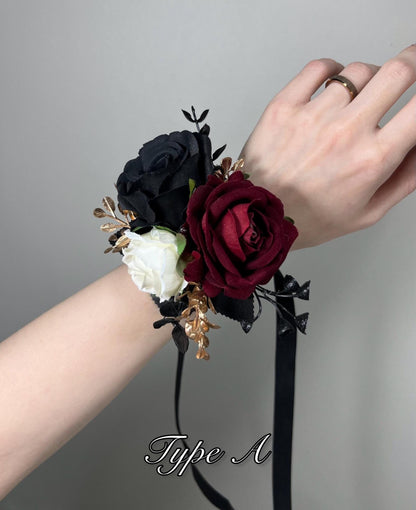 Black Corsage White Wedding Gothic Wrist Corsage Burgundy Bridesmaids Corsage Mom Black Corsage Burgundy Gold Accessories Artiticial Flower