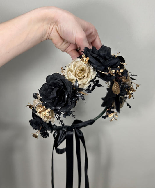 Black Flower Crown Gold Wedding Crown Gothic Floral Headband Flower Adult Crown Black Flower Girl Wreath Gold Crown Children Hair