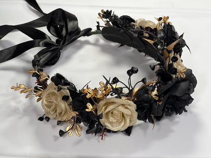 Black Flower Crown Gold Wedding Crown Gothic Floral Headband Flower Adult Crown Black Flower Girl Wreath Gold Crown Children Hair