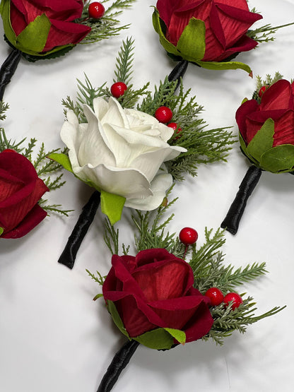 Christmas Corsage Wedding Red White Corsage Mom Dark Red Corsage Winter Red Berries Corsage Bridesmaids Pine Tree Boutonnière