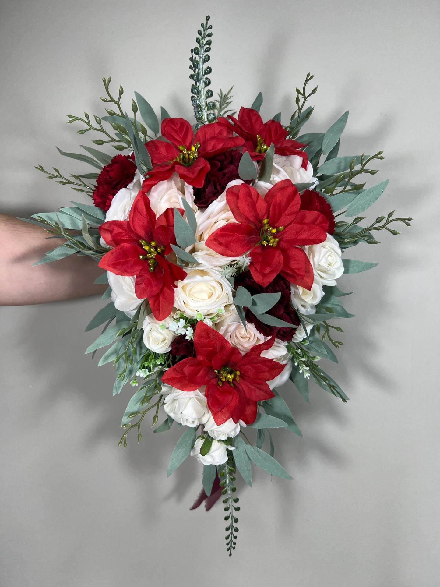 Christmas Bouquet Wedding Bridal Cascading Bouquet White Poinsettias Bridesmaids Bouquet Cascade Red Bouquet Winter Flower Poinsettia