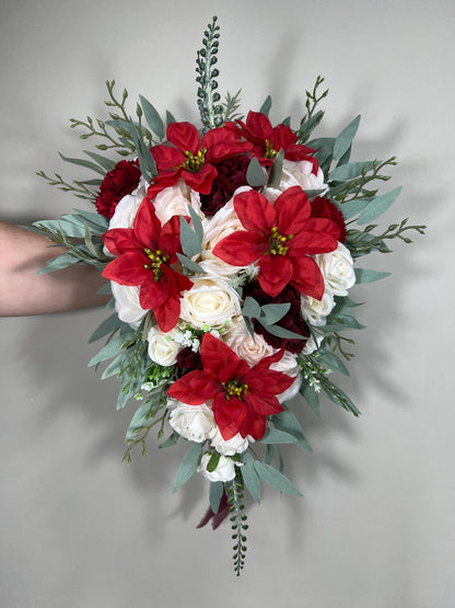 Christmas Bouquet Poinsettias Wedding Bridal Cascading Bouquet White Bridesmaids Bouquet Cascade Red Bouquet Winter Flower Poinsettia