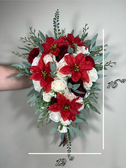 Christmas Bouquet Wedding Bridal Cascading Bouquet White Poinsettias Bridesmaids Bouquet Cascade Red Bouquet Winter Flower Poinsettia