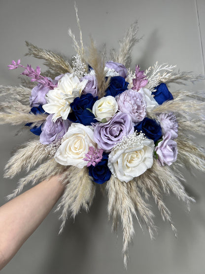 Purple Blue Bouquet Wedding Bridal Royal Blue Lavender Bouquet Bridesmaids Navy Blue Purple Boho Pampas Grass