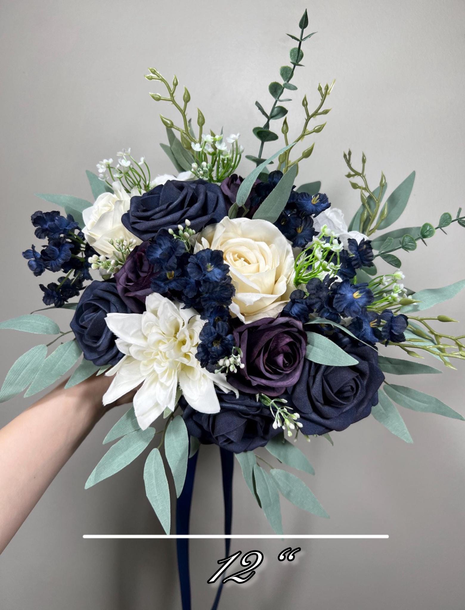 Navy Blue Bouquet Wedding Bridal Bouquet Navy Blue White Bouquet Plum Bridesmaids Blue Bouquet Purple Dark Blue Artificial Flower