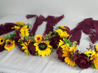 Sunflower Flower Crown Wedding Crown Burgundy Floral Headband Flower Adult Burgundy Crown Sunflower Flower Girl Wreath Crown Children Hair