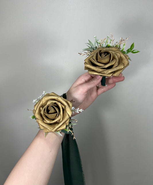 Gold Corsage Wedding Boutonniere Gold Groom Gold Boutonnière Groomsmen Mom Corsage Gold Artificial Flower