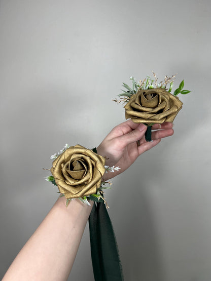 Gold Corsage Wedding Boutonniere Gold Groom Gold Boutonnière Groomsmen Mom Corsage Gold Artificial Flower