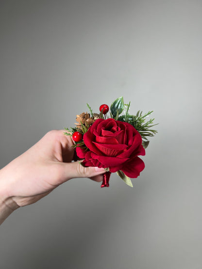 Christmas Corsage Red Wedding Winter Wrist Corsage Bridesmaids Red Winter Pine Cone Artificial Flower Evergreen Corsage Dark Red Pine Cones