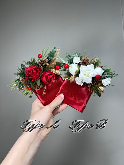 Christmas Cascading Bouquet Bridal Wedding White Red Winter Bouquet Cascade Pine Cones Bridesmaids Ivory Dark Red Gold Artificial Flower