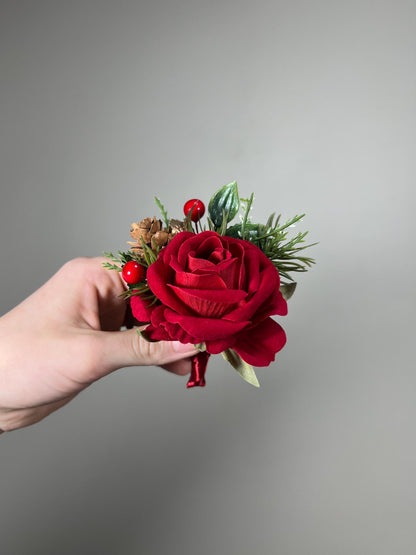 Christmas Cascading Bouquet Bridal Wedding White Red Winter Bouquet Cascade Pine Cones Bridesmaids Ivory Dark Red Gold Artificial Flower