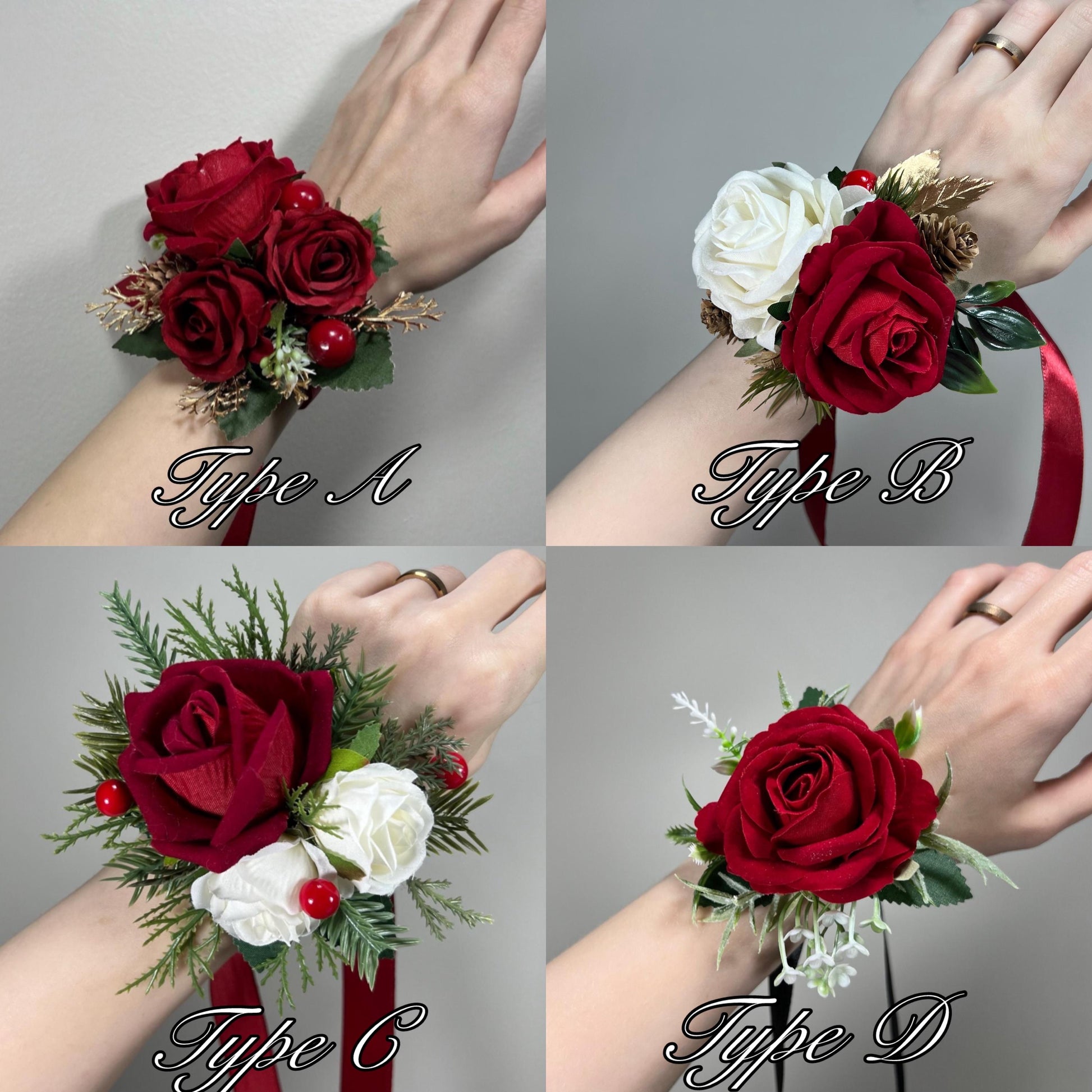 Wedding Christmas Bouquet Bridal Red White Rustic Bridesmaids Decor Gold Christmas Tree Winter Snow Pine Cone Red Berries Artificial