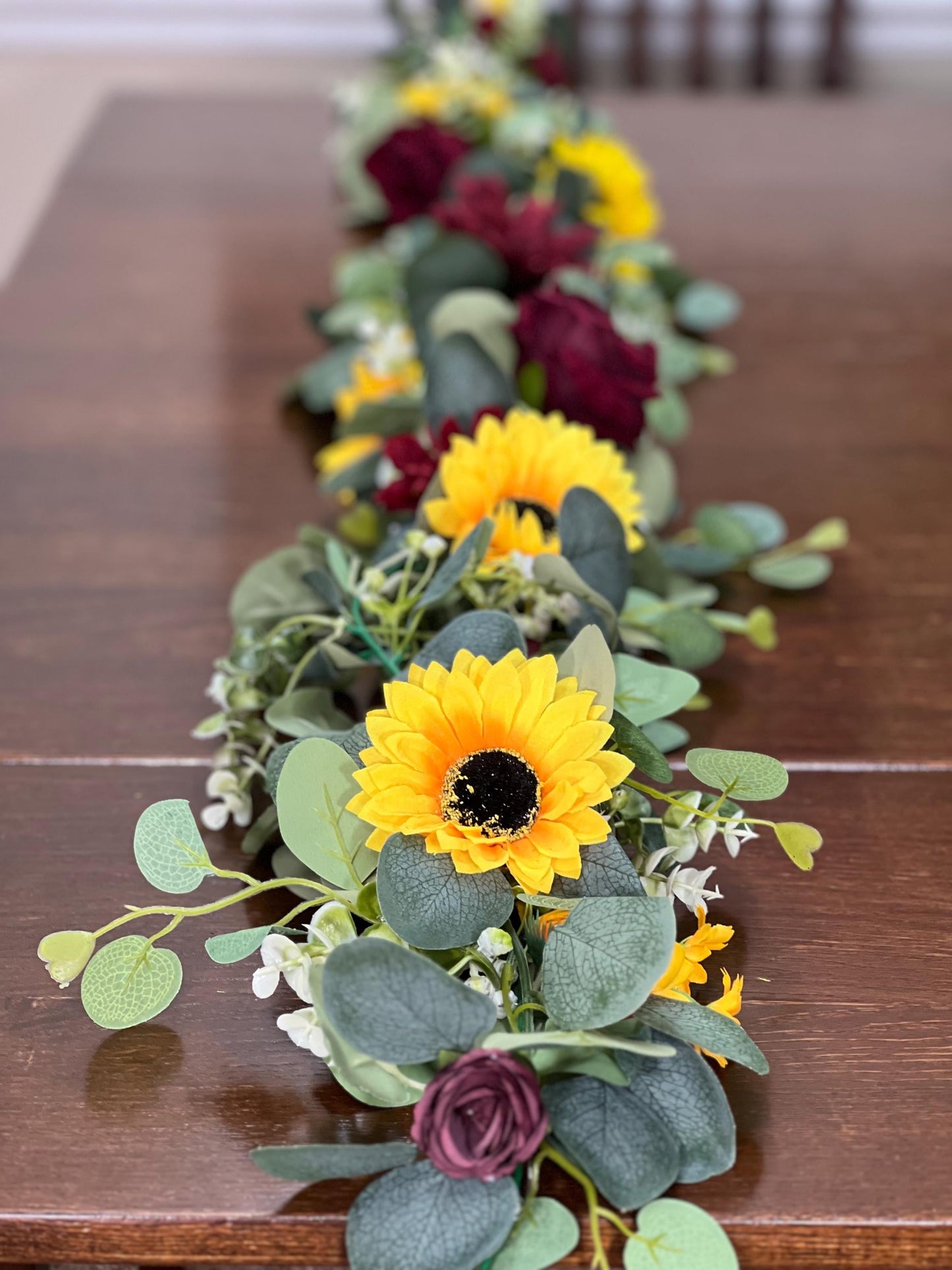 Sunflower Garland Wedding Table Runner Aisle Arrangement Arch Sunflower Burgundy Silver Dollar Sunflower Eucalyptus Garland Greenery