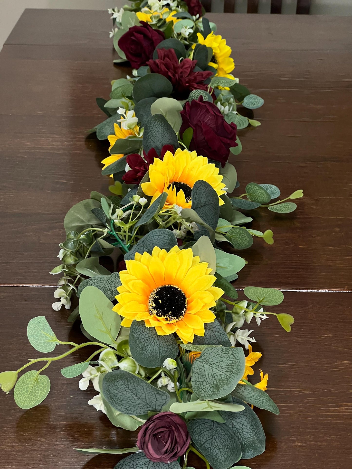 Sunflower Garland Wedding Table Runner Aisle Arrangement Arch Sunflower Burgundy Silver Dollar Sunflower Eucalyptus Garland Greenery