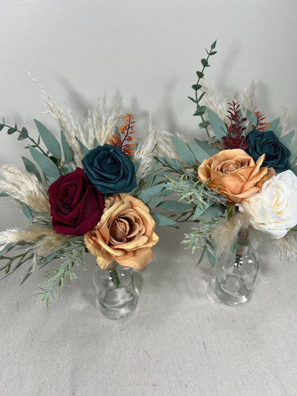 Mini Bouquets for Vases Teal Orange Boho Centerpiece 3 Flowers Dark Teal Burgundy Mini Centerpiece Decor Teal Burnt Orange Eucalyptus