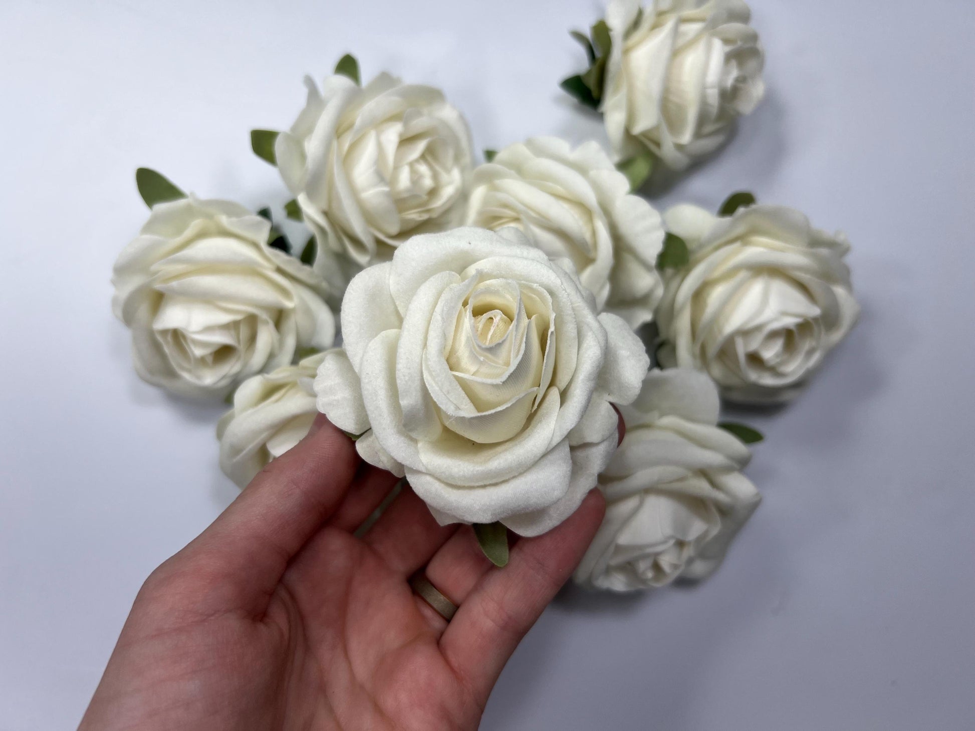 White Velvet Flower Head 2" inch Artificial Rose White Small Flower Wedding Ivory Artificial Head Rose White DIY Fake Rose