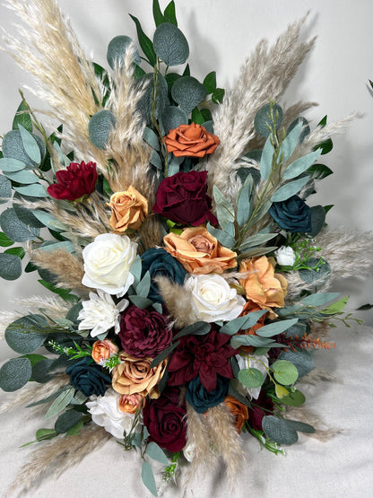 Dark Teal Aisle Flowers Wedding Rust Teal Aisle Marker Teal Orange Ground Arch Burgundy Decor Floor Arrangement Boho White Pampas Grass