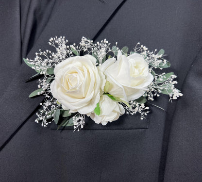 White Pocket Boutonniere Wedding Eucalyptus Groom Boutonnière Ivory Square Groomsmen Greenery Pocket Boutonniere Baby Breath