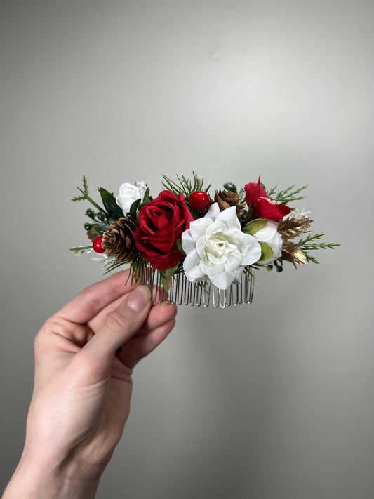 Hair Comb Wedding White Christmas Head Piece Red Winter Hair Comb Bridal Wedding Hair Accessories Winter Hair Comb Artificial Flower