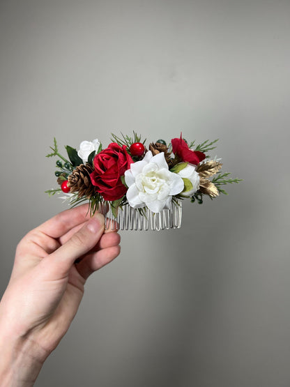 Hair Comb Wedding White Christmas Head Piece Red Winter Hair Comb Bridal Wedding Hair Accessories Winter Hair Comb Artificial Flower Reddit