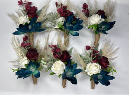 Teal Boutonniere Wedding Teal White Boutonnière Groom Boutonnière Dark Teal Burgundy Groomsmen Teal Burgundy Boutonniere