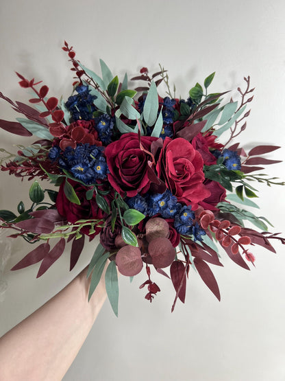 Burgundy Blue Bouquet Wedding Bridal Navy Blue Bouquet Red Dark Blue Bridesmaids Bouquet Burgundy Navy Blue Artificial Flower