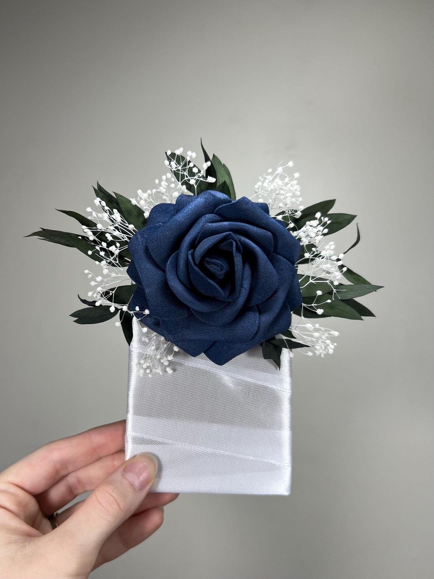 Navy Blue Pocket Boutonniere Wedding White Navy Blue Groom Boutonnière Square Groomsmen Blue Eucalyptus Boutonnière Artificial Flowers