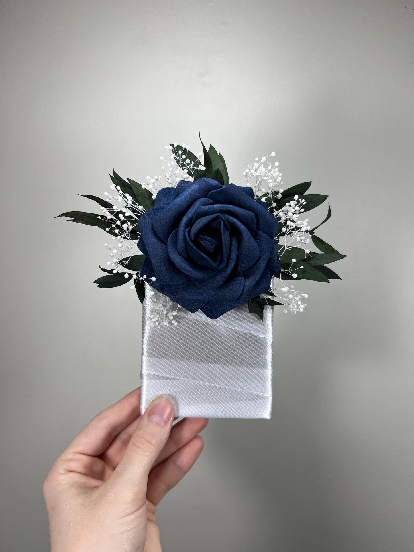 Navy Blue Pocket Boutonniere Wedding White Navy Blue Groom Boutonnière Square Groomsmen Blue Eucalyptus Boutonnière Artificial Flowers