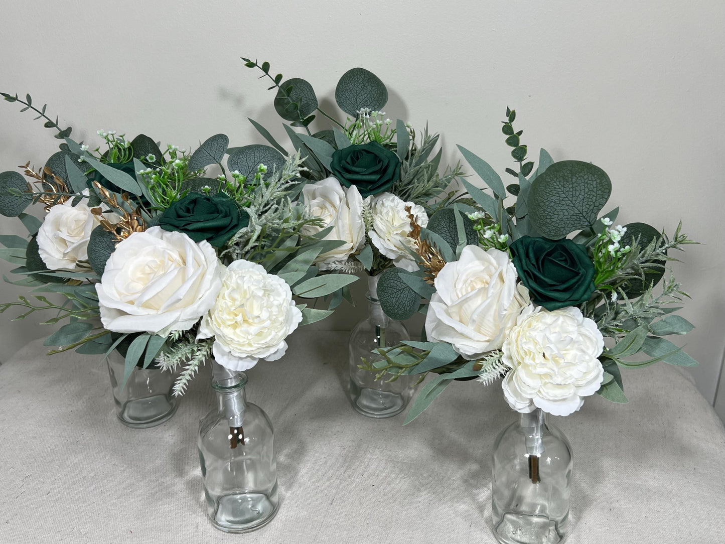 Mini Bouquets for Vases Emerald Green White Centerpiece 3 Flowers Emerald Green Mini Centerpiece Decor White Gold Eucalyptus