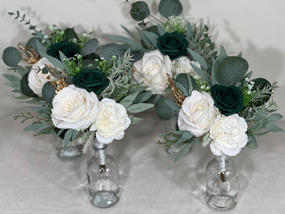 Emerald Green Bouquet Bridal Cascade White Bouquet Bridesmaids Hunter Green Forest Silver Cascading Bouquet Pine Cone Artificial Flower