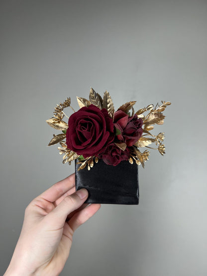 Burgundy Pocket Boutonniere Wedding Burgundy Gold Boutonniere Burgundy Groom Square Boutonnière Groomsmen Burgundy Gold Artificial Flower