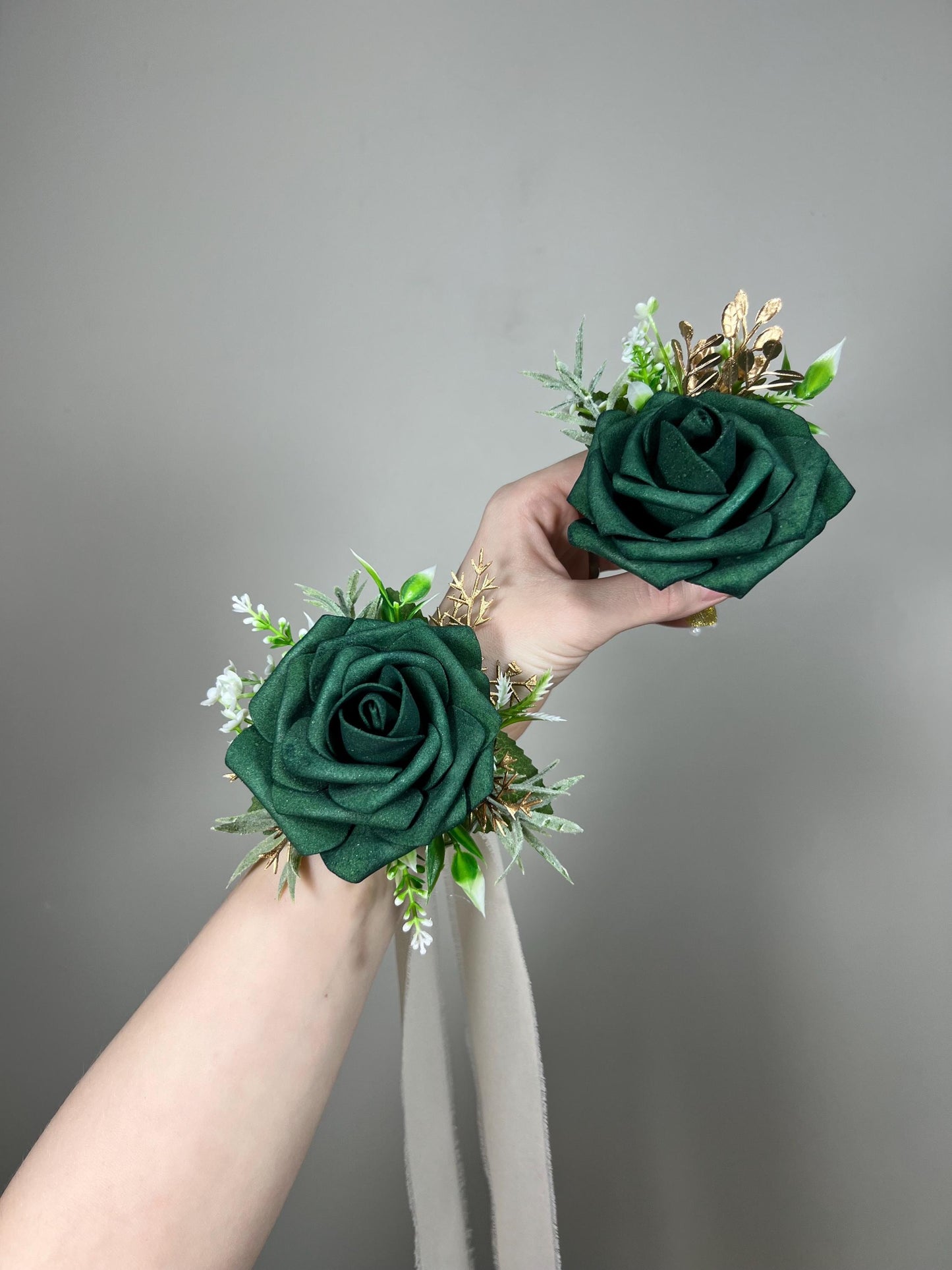 Emerald Green Corsage Wedding Green Gold Corsage Hunter Green Groom Boutonniere Forest Green Gold Corsage Artificial Flower