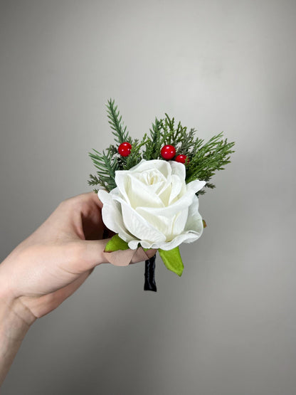 Christmas Corsage Wedding Red White Corsage Mom Dark Red Corsage Winter Red Berries Corsage Bridesmaids Pine Tree Boutonnière