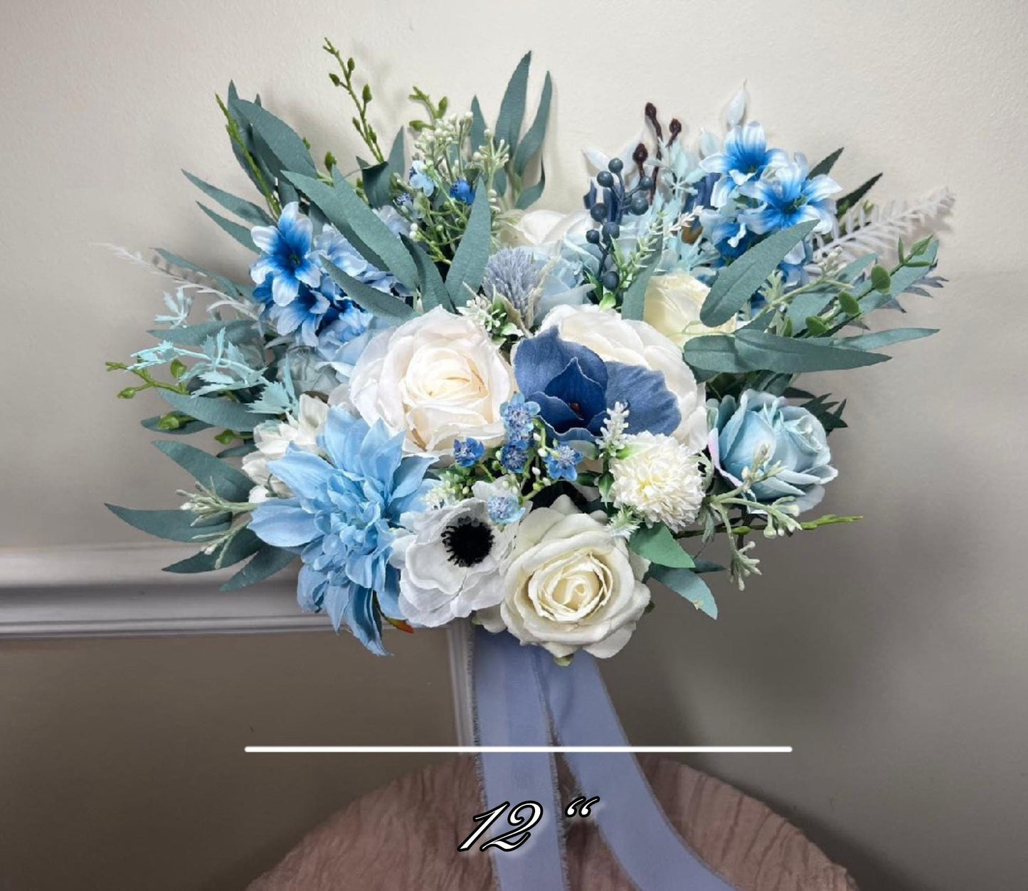 Wedding Bouquet Dusty Blue Bridal Rustic Blue Wedding White Bouquet Anemone Wild Flower Light Blue Winter Eucalyptus Ivory Artificial Flower