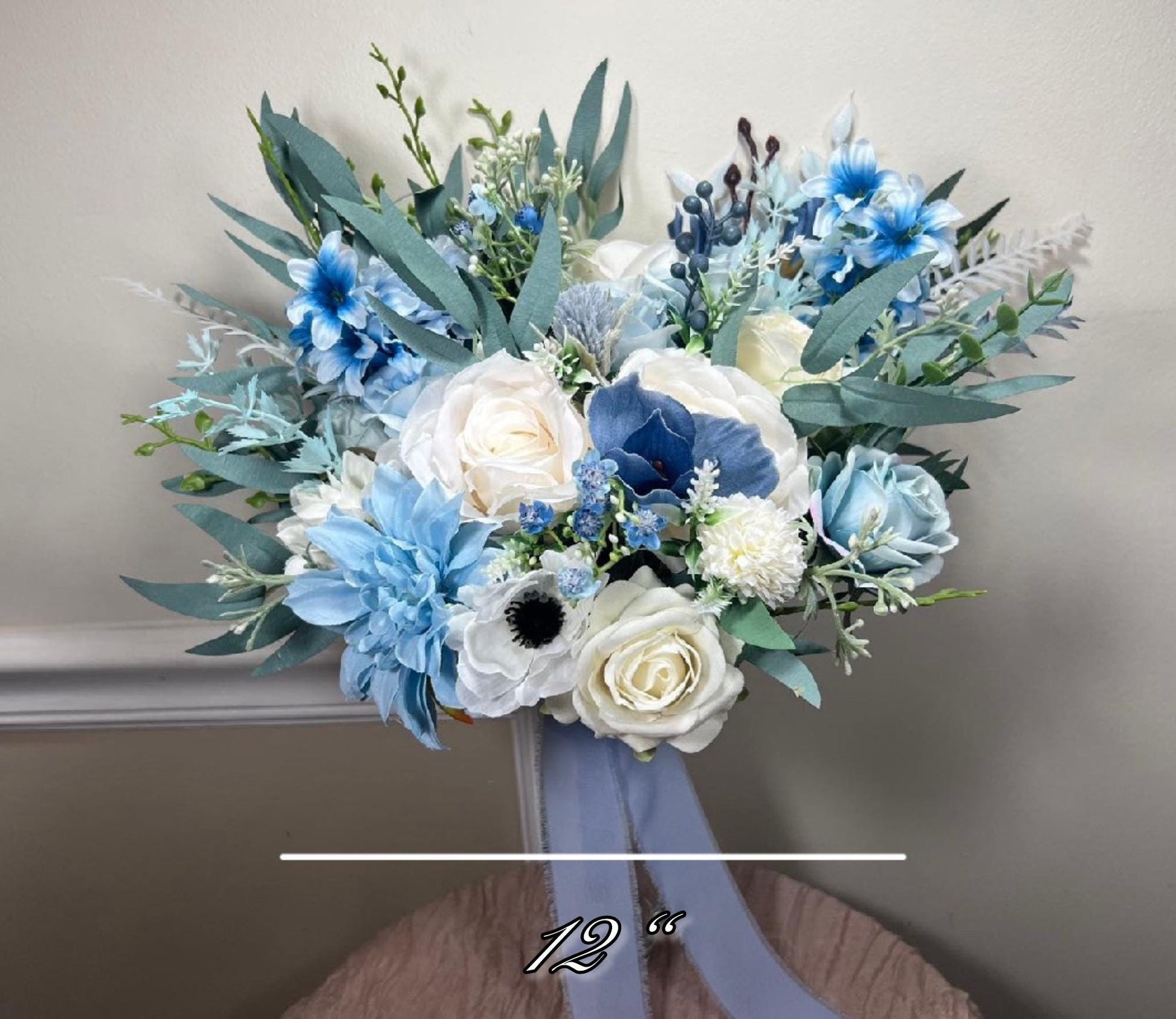 Wedding Bouquet Dusty Blue Bridal Rustic Blue Wedding White Bouquet Anemone Wild Flower Light Blue Winter Eucalyptus Ivory Artificial Flower